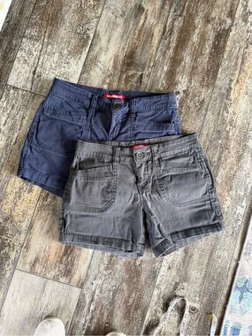 2 for $30: 2 pair union bay Delaney stretch twill shorts navy blue and gray